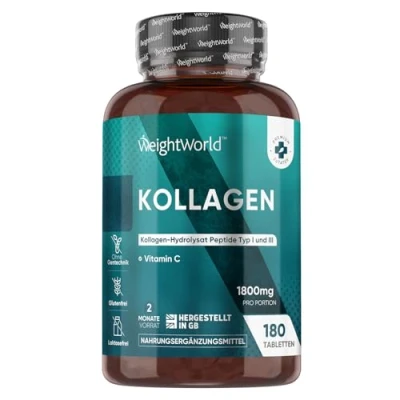Abbildung von Kollagen Tabletten 1800mg Hydrolysierte Collagen Peptide Typ 1 &amp; 3 mit Vitamin C 180 Marine 2 Monate Vorrat Für Zellschutz, Knochen, Haut aktives Leben Von WeightWorld