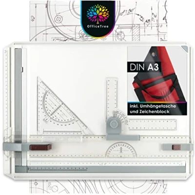 Abbildung von OfficeTree Zeichenbrett A3 37 x 50 cm inklusive Papierblock, Transporttasche und vielen technischen Zeichenregeln Drawing Board Zeichentisch