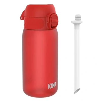 Abbildung von Ion8 Kinder Trinkflasche Mit Strohhalm, 350ml, Auslaufsicher, Einhandöffnung, Sichere Verriegelung, Spülmaschinenfest, BPA frei, Tragegriff, Klappdeckel, Leicht zu Reinigen, Klimaneutral, Rot