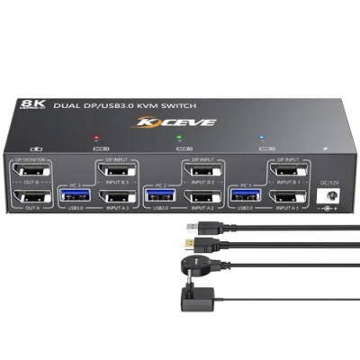 Abbildung von USB 3.0 KVM Switch 3 PC 2 Monitore Displayport, 4K@144Hz 8K@30Hz, Dual Monitor Displayport 1.4, Switches für und Maus Tastatur