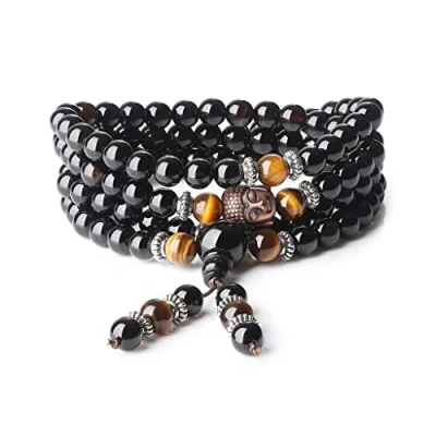 Abbildung von COAI Geschenkideen Glückskette 108 Mala Wickelarmband aus Onyx und Gelbem Tigerauge mit Buddha Charm