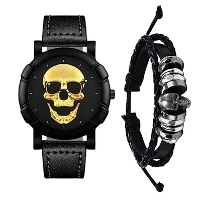 Abbildung von Silverora 2pcs Totenkopf Herrenuhr Lederarmband Set 2 Stücke Gold Schädel Analog Quarz Uhr Armkette Halloween Steampunk Gotic Verstellbar Leder Armbanduhr Armreif Geschenke für Männer Schwarz