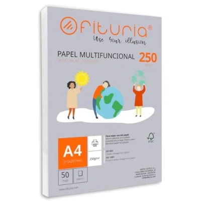 Abbildung von Packung mit 50 weißen DIN A4 Blättern, 250g Druckerpapier. Multifunktionales Kopierpapier für Schule und Büro. Ideal Laserdrucker, Tintenstrahldrucker oder Kopierer Ofituria