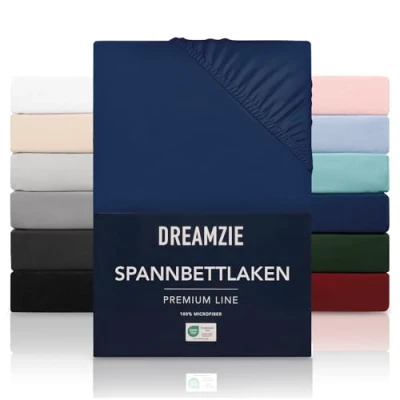 Abbildung von Dreamzie Spannbetttlaken 90x200 cm Hoher Steg bis 33 100% Mikrofaser Dunkelblau Schadstoffgeprüft (Oeko TEX), Bettlaken mit Gummizug