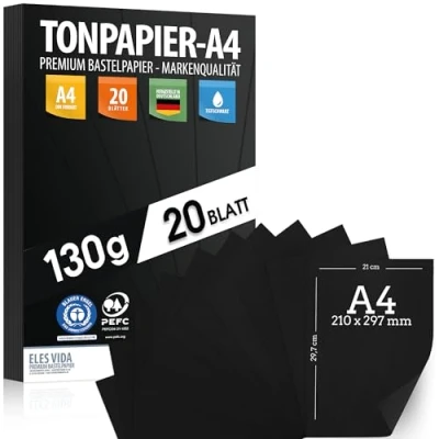Abbildung von Tonpapier SCHWARZ A4 130g/m² Stabil Bastelpapier &amp; Farbige Blätter, Kinder DIY Bogen, Zubehör zum Basteln für Geschenke Kreativ sein Bedruckbar DIN MADE IN GERMANY