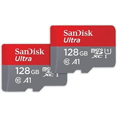 Abbildung von SanDisk Ultra microSDXC UHS I Speicherkarte 128 GB + SD Adapter 2er Pack (Für Smartphones und Tablets, A1, Class 10, U1, Full HD Videos, bis zu 140 MB/s Lesegeschwindigkeit) 10 Jahre Garantie