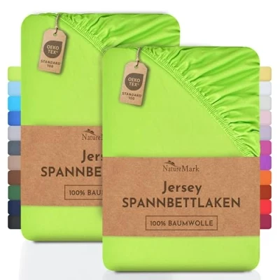 Abbildung von NatureMark 2er Pack Kinder Jersey Spannbettlaken, Spannbetttuch 100% Baumwolle in vielen Größen und Farben MARKENQUALITÄT ÖKOTEX Standard 100 70x140 cm Apfel grün