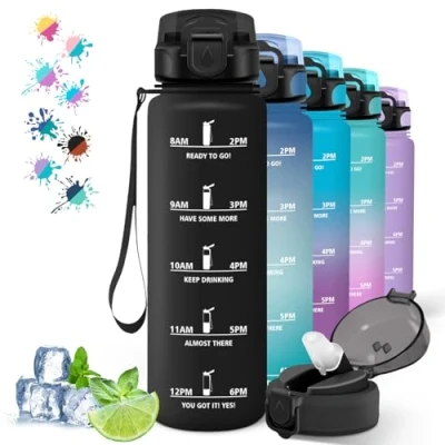 Abbildung von Trinkflasche 1l, mit Strohhalm, Sport Motivierendem Slogan, Auslaufsicher, Zeitmarkierung, Wasserflasche für Fahrrad, Camping, Wandern, Running, Schwarz