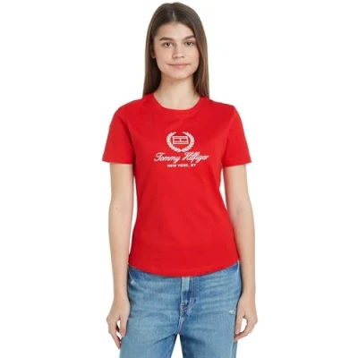 Abbildung von Tommy Hilfiger Damen T Shirt Kurzarm Slim Flag Tee Rundhalsausschnitt, Rot (Fierce Red), XS