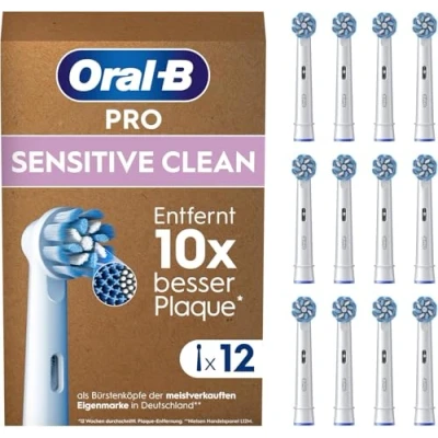 Abbildung von Oral B Pro Sensitive Clean Aufsteckbürsten für elektrische Zahnbürste, X förmige Borsten, original Zahnbürstenaufsatz, Made in Germany, briefkastenfähige Verpackung, 12 Stück