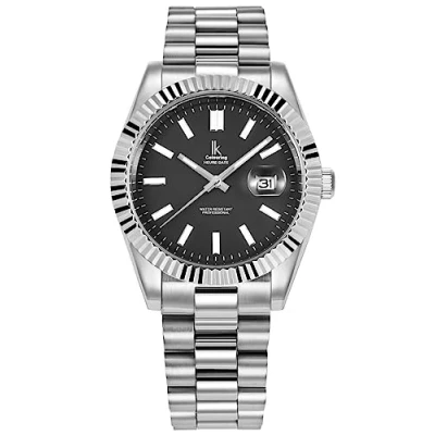 Abbildung von Alienwork Armbanduhr Herren Damen Silber Edelstahl Metallarmband Kalender Datum Schwarz Klassik Elegant