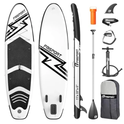 Abbildung von FBSPORT Aufblasbares SUP Board, Stand Up Paddling Aufblasbare Paddle Board für 15CM Dick, Surfbrett Kit mit Verstellbares Aluminium Paddel+Pumpe(Blackwhite)
