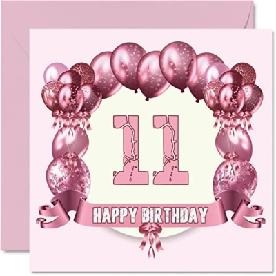 Abbildung von Stuff4 Lustige Geburtstagskarte zum 11. Geburtstag für Mädchen Geburtstagsballons Happy Birthday Karte Sohn, Tochter, Bruder, Schwester, Enkel, Enkelin, Nichte, Neffe, Cousin, 145 mm x