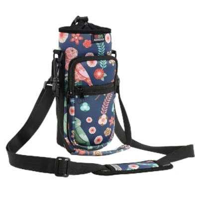 Abbildung von Nuovoware Flaschenhalter Trinkflasche Molle Beutel 25oz/710ml, Isolierte Neopren Kessel mit Schultergurt und Front Reißverschluss Tasche für Wandern Laufen Radfahren Jagd Reisen Blau Blumen
