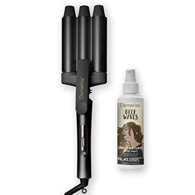 Abbildung von Demeliss SAINT ALGUE WAVES BLACK Lockenstab Wavy Effekt Wellenstab Keramik und Turmalinbeschichtung 10 Temperaturstufen Für alle Haartypen Mit hitzebeständiger Matte &amp; Transporttasche.