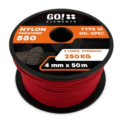 Abbildung von GO!elements 50m Paracord Seil aus reißfester Nylonschnur 4mm 550 Typ III Schnur Allzweckseil &amp; Reepschnur Max. 250kg, Farbe:Rot