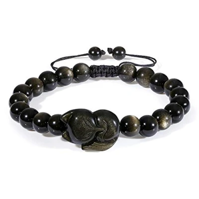 Abbildung von COAI Unisex Geschenkideen Verstellbares Armband aus Goldem Obsidian mit Fuchs Charm in Größe S