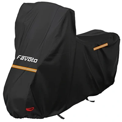 Abbildung von Favoto Motorradabdeckung Wasserdicht Motorrad Abdeckpane Outdoor 210D Oxford für Motorräder Elektroroller mit Windschutzscheibe Reflektionsstreifen Schloss Loch 245cmx105cmx160cm Schwarz