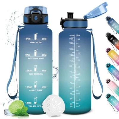 Abbildung von Trinkflasche Sport 1.5L, Trinkflaschen Kohlensäure Geeignet, Wasserflasche Auslaufsicher mit Zeitmarkierung, Filter, Sportflasche für Fitness, Gym, Schule, Outdoor, Yoga