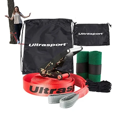 Abbildung von Ultrasport 25m Slackline Advance mit Ratsche inkl. Tragetasche, für Anfänger, Kinder und Familien, erhältlich Baumschutz, Set, Fitness