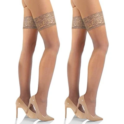 Abbildung von sesto senso Halterlose Strümpfe mit Spitze 2er Pack 15 DEN Feinstrümpfe Damen 3/4 M/L Golden Beige Hautfarbe