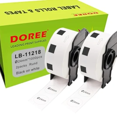 Abbildung von Doree DK 11218(2pack),24mm x 24 mm, rund, kompatibles Etikettenpapier,(1000 Etiketten pro Rolle) für Brother P Touch QL 1050, 1060N, 1100, 110NWB Etikettendrucker