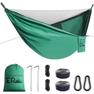 Abbildung von Hängematte Outdoor Camping mit Moskitonetz Ultraleicht Tragbare Reisehängematte bis 200kg Reise Waldhängematte XXL 270x140cm (Grun)