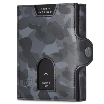 Abbildung von VON HEESEN Slim Wallet mit XL Münzfach &amp; RFID Schutz Leder Geldbörse Herren klein Mini Geldbeutel Damen Portmonee Kartenetui Echtleder Karten Portemonnaie Kreditkartenetui Camouflage Grau