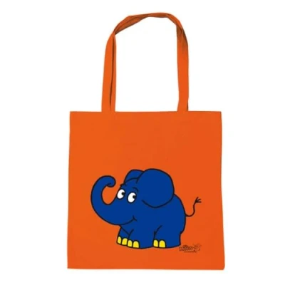 Abbildung von Logoshirt® Die Sendung mit der Maus I Elefant Happy wiederverwendbare Tasche Stofftasche Baumwolltasche bedruckt langen Tragegriffen orange lizenziertes Originaldesign
