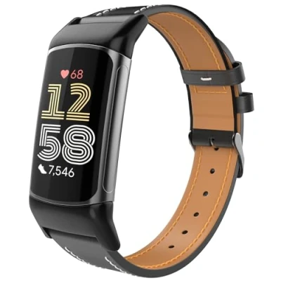 Abbildung von TiMOVO Leder Armband Kompatibel mit Fitbit Charge 6/Fitbit 5 Uhrenarmband, Genarbtes Echtes Klassisches Ersatzarmband für Damen und Herren, Schwarz