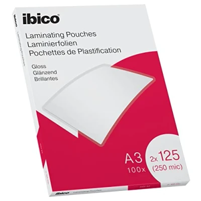 Abbildung von Ibico Laminierfolien A3 250 Mikron (2 x 125 mic), 100 Stück, Glänzende Heißlaminierfolien, Abgerundete Ecken, Ideal für Zeichnungen und Plakate, Transparent, Kristallklar, 627321