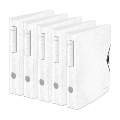 Abbildung von Leitz Qualitäts Ordner 180 Active WOW, 5er Pack, A4, Schmal, Abgerundeter Rücken, 6,5 cm breit, Gummibandverschluss, Leichtes Polyfoam, Plastik Ordner, WOW Serie, Weiß, 11070001