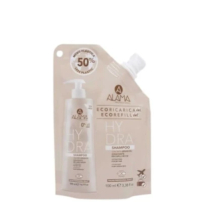 Abbildung von Alama Professional Eco Refill Hydra Feuchtigkeitsspendendes Shampoo für trockenes, stumpfes, sprödes Haar mit Arganöl, Vitamin E, Fettsäuren, Antioxidans, 95% natürliche Inhaltsstoffe, Vegan, 100ml