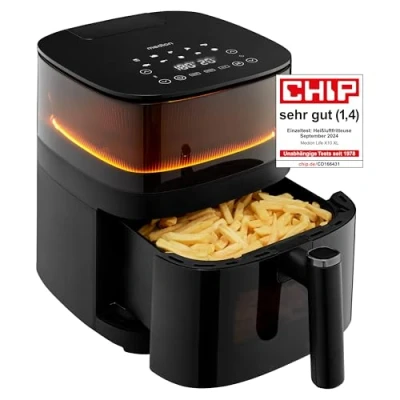 Abbildung von MEDION X10 XL Heißluftfritteuse (5 Liter Frittierkorb, innovative Wassersprühfunktion für krosse knusprige Speisen, 1.500 Watt, Sichtfenster, Schüttel Alarm,10 Automatikprogramme)