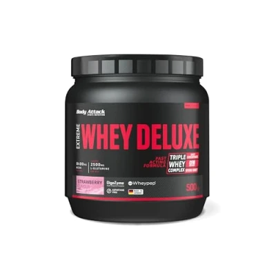 Abbildung von Body Attack Extreme Whey Deluxe Strawberry Cream, 500g Made in Germany Eiweißpulver mit Aminosäuren, Triple Complex, CFM Isolate, perfekt lösliches Protein Pulver, fettarm, zuckerarm