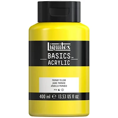 Abbildung von Liquitex 8870339 Basics Acrylfarbe, monopigmentierte Künstlerpigmente, lichtecht, mittlere Viskosität, Archivqualität, seidenglänzender Finish, 400ml Flasche Primärgelb