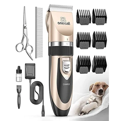 Abbildung von oneisall Leise Hundeschermaschine Profi Schermaschine Hund Katze Tierhaarschneidemaschine Elektrische Hundetrimmer Schnurlosen Haarschneidemaschine (Gold)