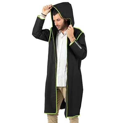 Abbildung von PERLETTI Regenponcho Wasserdicht Damen Herren Reflktierende Details Regenjacke Wandern Outdoor Trekking Reisen mit Kapuze Regen Cape Waterproof Kompakt Camping (S, Schwarz Rand Lindgrün Lime)