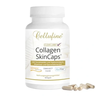 Abbildung von Cellufine® SkinCaps Collagen Kapseln PLUS 180 glutenfreie mit VERISOL Peptiden, HyaVita Hyaluronsäure und Ceramiden Vitamin C, Biotin (Vitamin B7), Folsäure sowie Mangan, Zink
