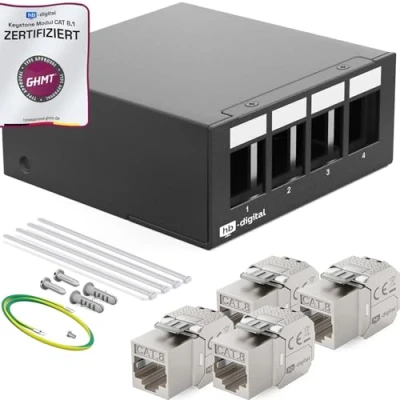 Abbildung von HB DIGITAL 4 Port Patchpanel Patchfeld Verteilerfeld 1 HE 4x CAT 8 RJ45 Keystone Jack Modul vollgeschirmt STP 40 Gbps Kompatibel mit Verlegekabel Netzwerkkabel Ethernet LAN Schwarz