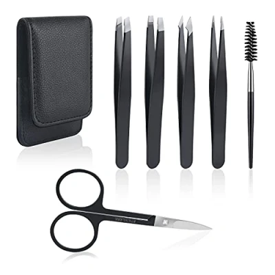 Abbildung von URAQT Pinzetten Set, 6tlg Augenbrauen Zupfpinzette Set mit Schräg Pinzette Spitze Schere und Ledertasche Augenbrauenzupfen für Frauen Männer