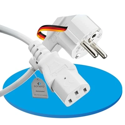 Abbildung von sonero Stromkabel Kaltgerätekabel 3 Polig, 7,50m, 90 Winkel Schutzkontakt Schuko Stecker Netzstecker auf Kaltgerätekupplung C13 Buchse, Netzkabel Netzteil Strom Kabel für Monitor PC Drucker, Weiß