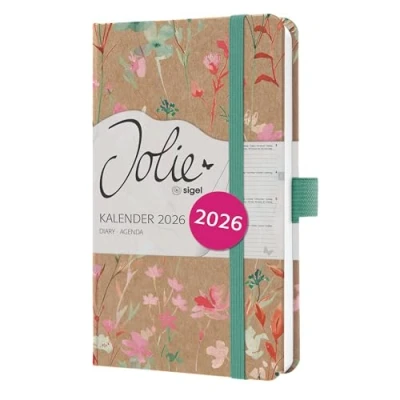 Abbildung von SIGEL J6806 Wochenkalender 2026 A6, grün, rosa, Hardcover aus Kraftpapier, Gummiband, Stiftschlaufe, 174 Seiten, vegan, Buchkalender, Terminplaner Kalenderbuch Jolie