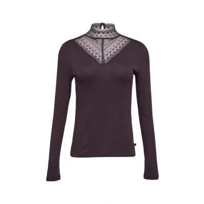 Abbildung von QS Rippshirt mit Spitzeneinsatz und Stehkragen aus Spitze aubergine XL
