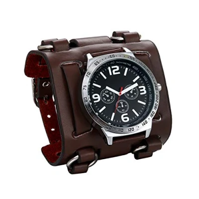 Abbildung von JewelryWe Herren Armbanduhr Analog Quarz 30M wasserdichte Sportuhr Uhren mit Braun Breit Leder Echtleder Armband