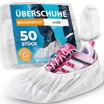 Abbildung von 50x Schuhüberzieher wasserdicht weiß von ISC Hygiene &amp; Safety Überschuhe Verstärkt Extra Stark &gt;9g Rutschfeste Überzieher für Schuhe Einheitsgröße, Überziehschuhe Einweg Mehrweg Galoschen