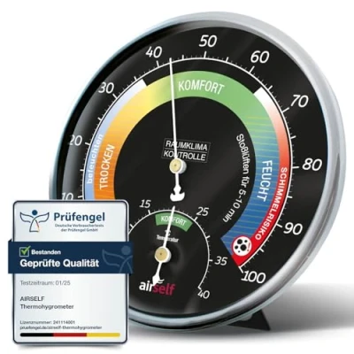 Abbildung von Thermohygrometer analog für innen schwarzes Ziffernblatt mit farbigen Komfortzonen Thermometer und Feuchtigkeitsmesser