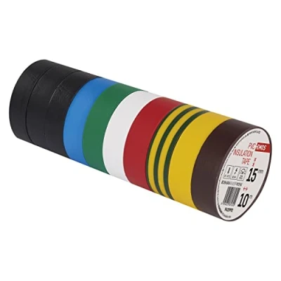Abbildung von EMOS PVC Isolierband Mix 10er Pack, 15mm x 10m, 0,13mm Bandstärke, selbstklebend, hohe Spannungsfestigkeit und Anwendungstemperaturbereich, UV beständig, wasserdichte Verbindung, ohne Textilgewebe