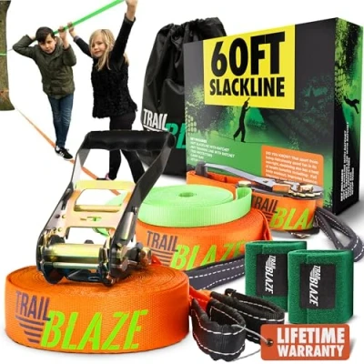 Abbildung von Slackline Anfänger Komplettset Trainingsgurt Baumschutz Transporttasche neueste Technologie mit Ratsche und ergonomischem Griff perfekte Aktivität im Freien