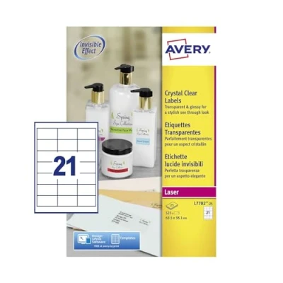 Abbildung von Avery Kristallklare Etiketten für Laserdrucker langlebig 21 pro Blatt 63,5 x 38,1 mm 525 Stück transparent